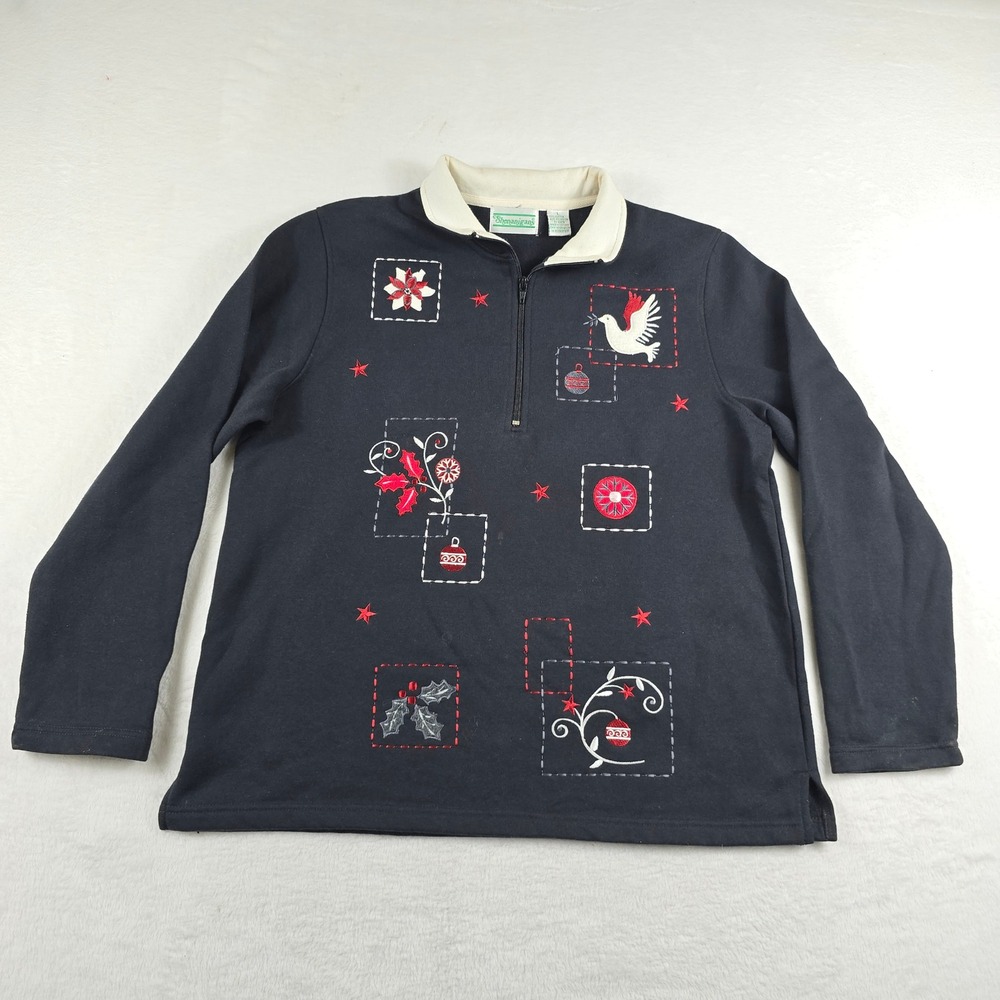 Shenanigans Womens Large Embroidered Christmas Quarter Zip Pullover Sweater